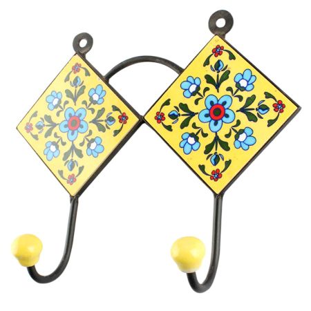 Yellow With Turquoise Tiny Flower Ceramic Tile Hook